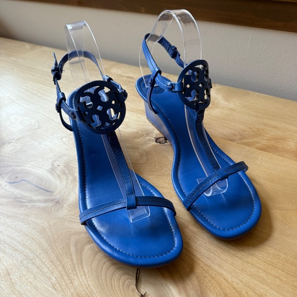 TORY BURCH MILLER WEDGE SANDALS DOUBLE T LOGO T STRAP LEATHER SLINGBACK BLUE 10 - Picture 4 of 12